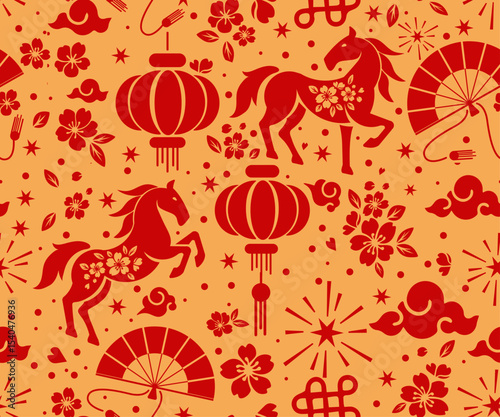 Seamless pattern happy chinese new year 2026 the horse zodiac sign with asian elements paper cut style on color background.