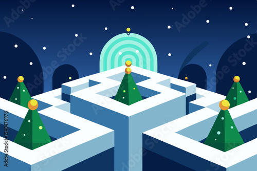 a snowy rooftop maze made from glowing tinsel hedg 
