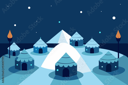 a snowy rooftop tent city made from glowing yurts 