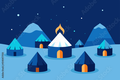 a snowy rooftop tent city made from glowing yurts .svg