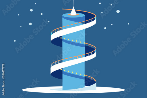 a snowy spiral ramp winding up a modern tower 