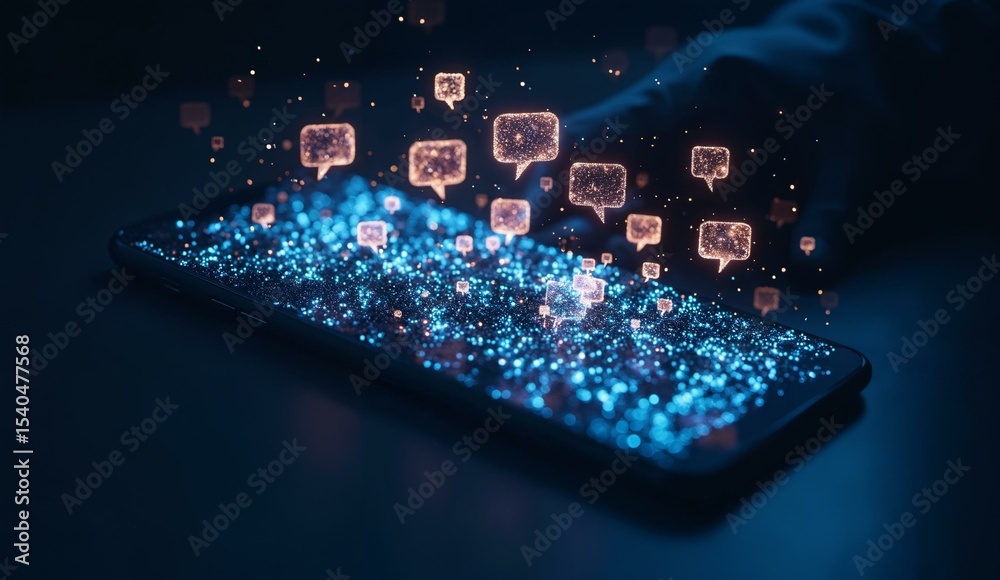 Fototapeta premium Smartphone Emitting Glowing Chat Bubbles in a Dark Environment