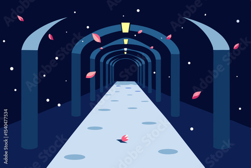 a soft lit floral tunnel walkway connecting two 