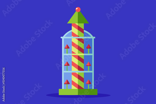 a spiral tower greenhouse filled with glowing cand 