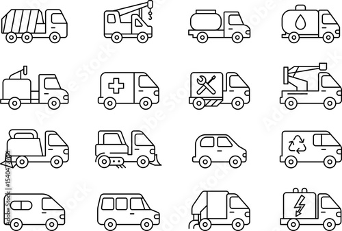 Public Service and Municipal Transport Line Icons Set — Thin Linear Vector Symbols of Travel and Transit