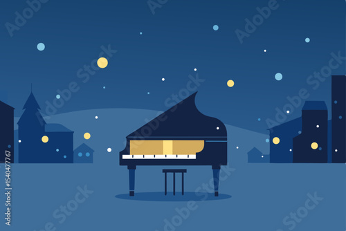 a street piano glowing under fairy lights 