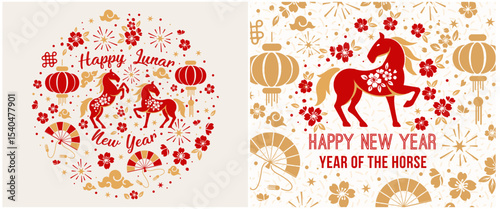 set of elements for social media. Happy Chinese New Year 2026 Chinese zodiac horse with paper lacing on colorful background.