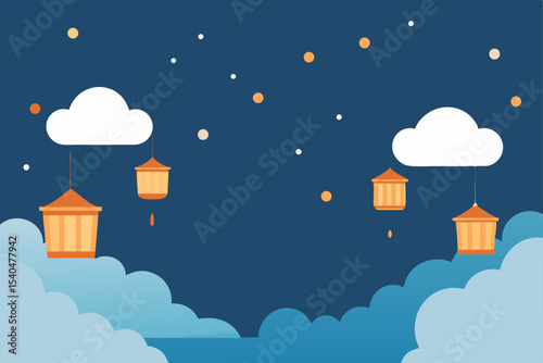 a suspended sky market in the clouds  glowing pape 