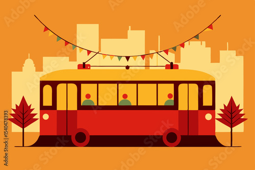 a tram rolling through the city wrapped in garland