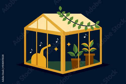 a vintage jazz club in a glass greenhouse glowing  