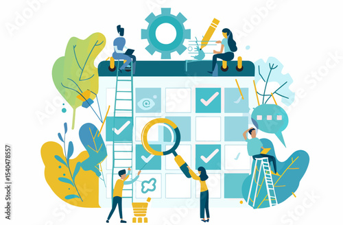 Teamwork project on calendar. People working, planning and organizing schedule. Concept of business, teamwork, plan, deadline.