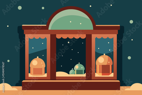 a warm lit antique shop window packed with glowing