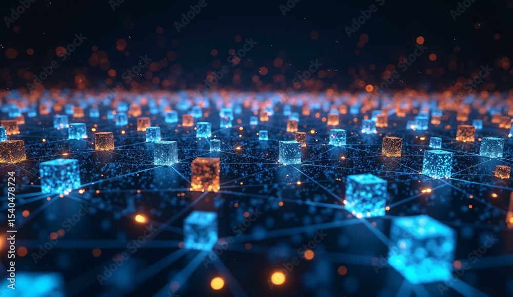 Obraz premium Digital Network with Illuminated Cubes and Interconnected Nodes