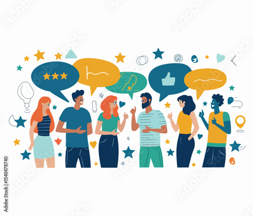 Group of people in discussions, with speech bubbles around them. Concept of feedback, rating, communication, customer reviews and testimonials. Different people talking and sharing opinions.