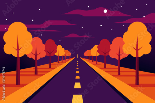 a wide boulevard lined with glowing trees  each 