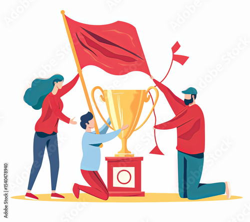 Team celebrates winning trophy with flag. A group of people celebrates winning a large golden trophy. The flag is waving. Great vector illustration for banners and posters.