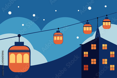 a wintertime gondola ride between buildings 