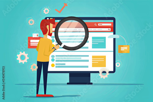 Cartoon illustration of a man with red hair using a magnifying glass in front of a web page on a computer, representing a search engine optimization process and website analysis for better rankings.