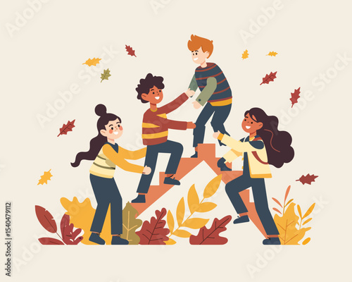 Illustration showing a diverse group of young people helping each other climb stairs. Teamwork, support, mutual assistance, climbing, and encouragement are depicted in this colourful image.
