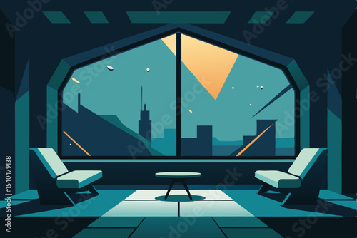 abandoned starship living room with cracked glass  