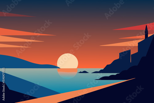 abstract coastal view with bold shapes and a setti