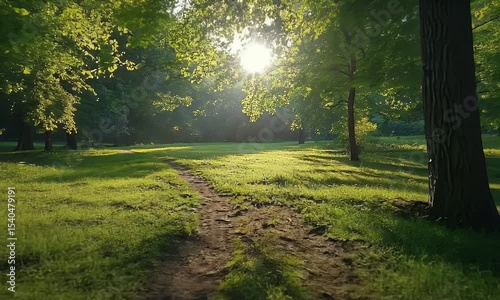 Sunlight Streaming Through Green Trees in a Park with Dirt Path and Lush Grass on a Bright Day