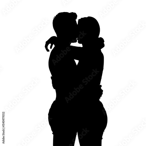 Black silhouette vector of a couple kissing and embracing, romantic love symbol