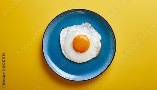 fried egg on a blue plate on yellow background top view