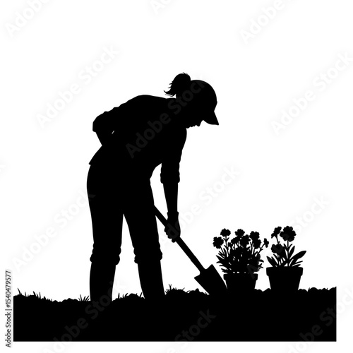 Black silhouette vector of a woman gardening with shovel and flower pots