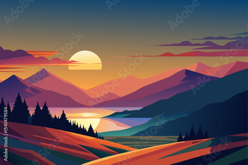 abstract sunset landscape with smooth hills 