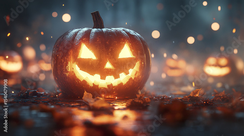 glowing jack o lantern with classic carved face illuminates spooky scene, evoking Halloween