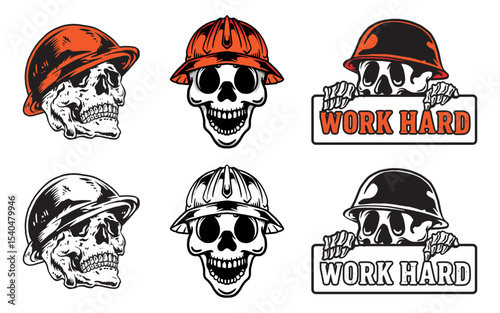 set of skull cartoon wearing hard hat construction