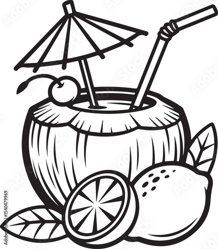 Black and white tropical coconut cocktail with lemon, cherry, umbrella, and straw illustration