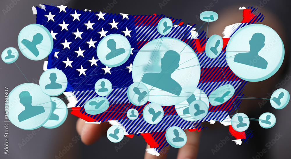 Fototapeta premium Stock photo depicting a network of people connected across a map of the United States. Ideal for social media, technology, and networking.