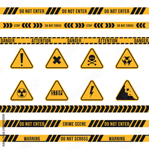 Different danger ribbon and sign flat icon set