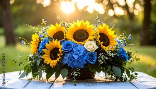 Sunflowers with Roses, Hydrangeas, and Sunset.
