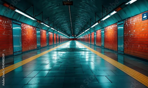 Symmetric Subway Platform Featuring Dark Floors Orange Brick Walls and Arched Ceiling Illuminated by Blue Lighting In