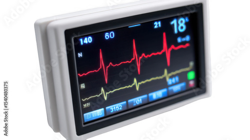 Portable heart rate monitor displaying real time electrocardiogram - ecg - data with vital signs, isolated on a transparent background, enhancing medical presentations and designs
