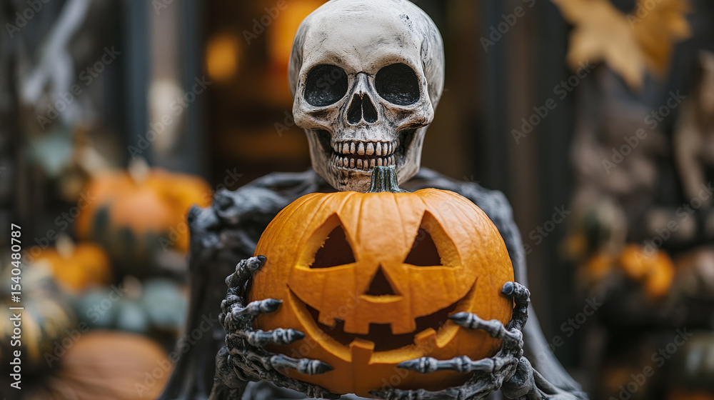 spooky skeleton holding carved pumpkin, perfect for Halloween festivities spooky skeleton holding carved pumpkin, perfect for Halloween festivities