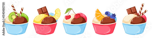 Colorful set of cartoon ice cream scoop in cup with fruit and berry isolated on white background. Kiwi, orange, cherry blueberry, wafer stick, chocolate bar, pineapple in cartoon.