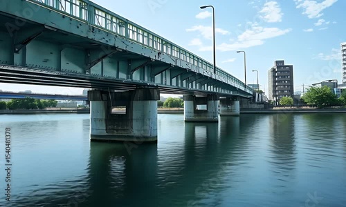 Teal Steel Bridge over Calm Waters with Distant Buildings Under a Blue Sky Scenery