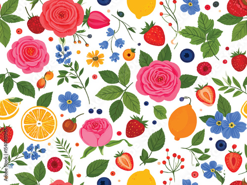 Seamless pattern displaying various fruits and flowers in a colorful design style on transparent background