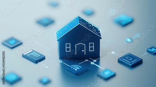 Smart Home Integration: An artistic rendering of a digital house surrounded by interconnected technology, signifying the smart home concept and modern living.