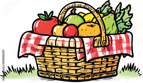 A fully loaded picnic basket with fresh fruits and vegetables overlooking lush green grass.