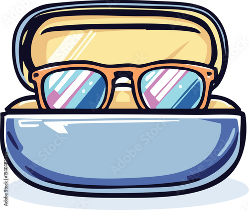 Cartoon illustration of orange sunglasses inside a protective case ready for summer adventures.