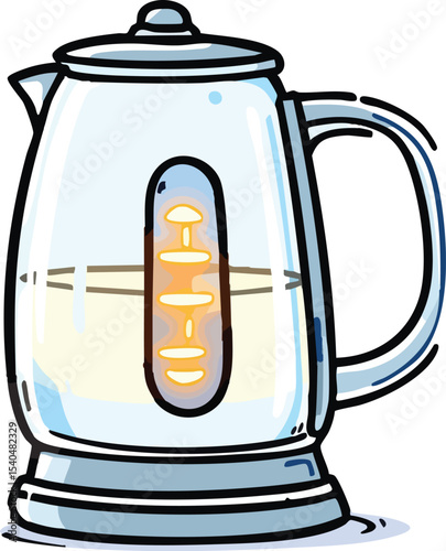 Cartoon illustration of an electric kettle boiling water ready for brewing beverages and hot drinks.