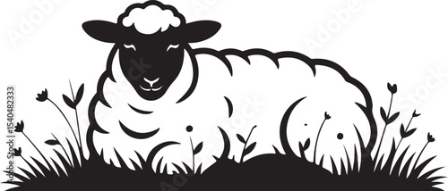 fluffy sheep resting calmly on grass silhouette showing peaceful farm life and relaxed pastoral countryside atmosphere