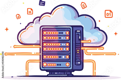 Cloud computing server rack illustration represents data storage network and technology concept.