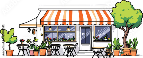 Charming cafe exterior with orange striped awning surrounded by potted plants and tables.