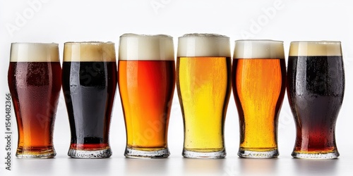A Spectrum of Brews: A curated selection of beer styles, each glass showcasing a unique hue and head, against a crisp clean setting.